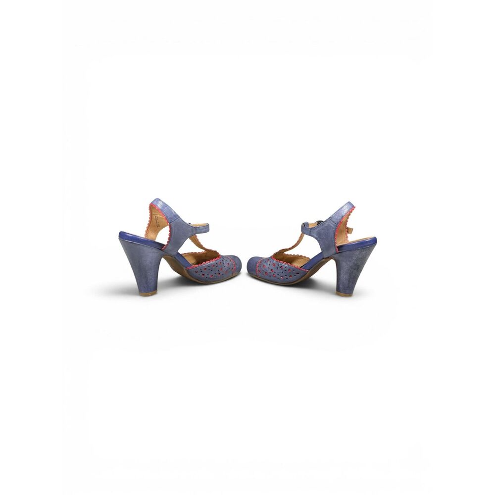 Miz Mooz Nico T-Strap Heels 7 / 37.5 Blue Red Perforated Leather Mary Jane Pumps - Picture 2 of 9